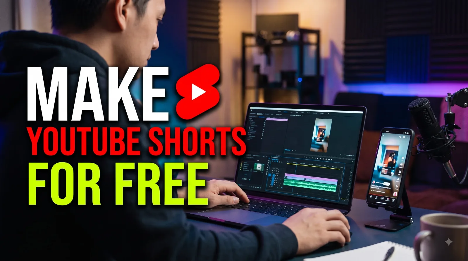 Beginner content creator editing a vertical YouTube video on a laptop at a desk.